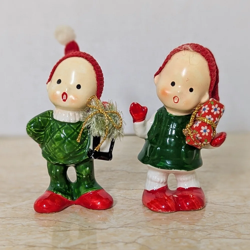 Vintage Napcoware Pair Christmas Elf Carolers 50's Ceramic Figurines Japan